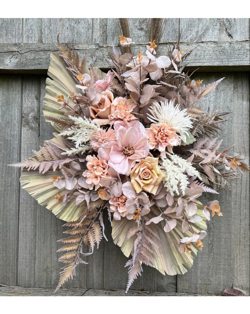 Dried flower rustic boho wedding arbour arbor arrangement wall hanging decoration pampas grass magnolia roses palm leaf arch flowers weddings