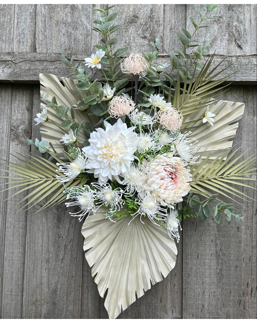 Wedding Arbour Arbor Arch Arrangement Australian Native Flowers Eucalyptus Palm Leaf Dahlia Pampas Grass Weddings Arch Wall Flower Arrangements Silk