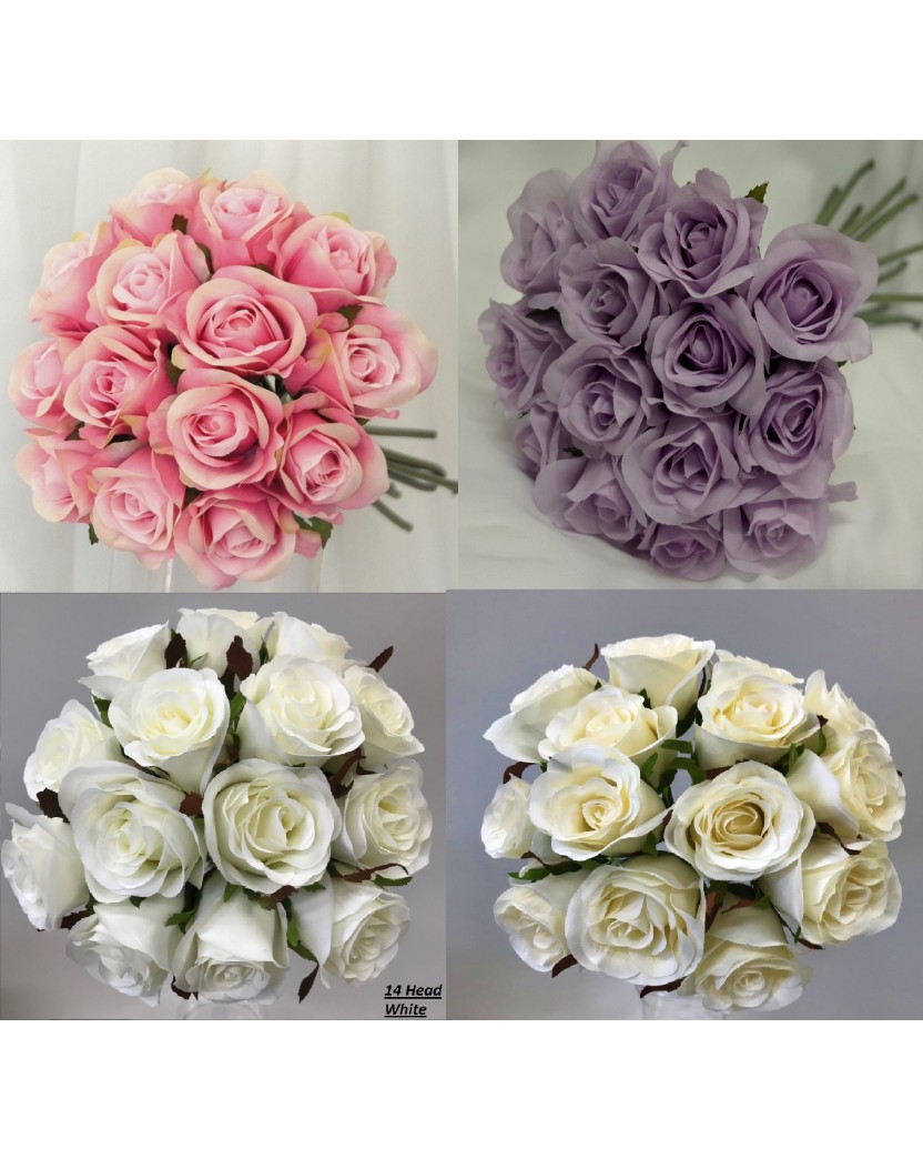 Silk Rose Posy Bouquet 14 heads Pink Ivory
