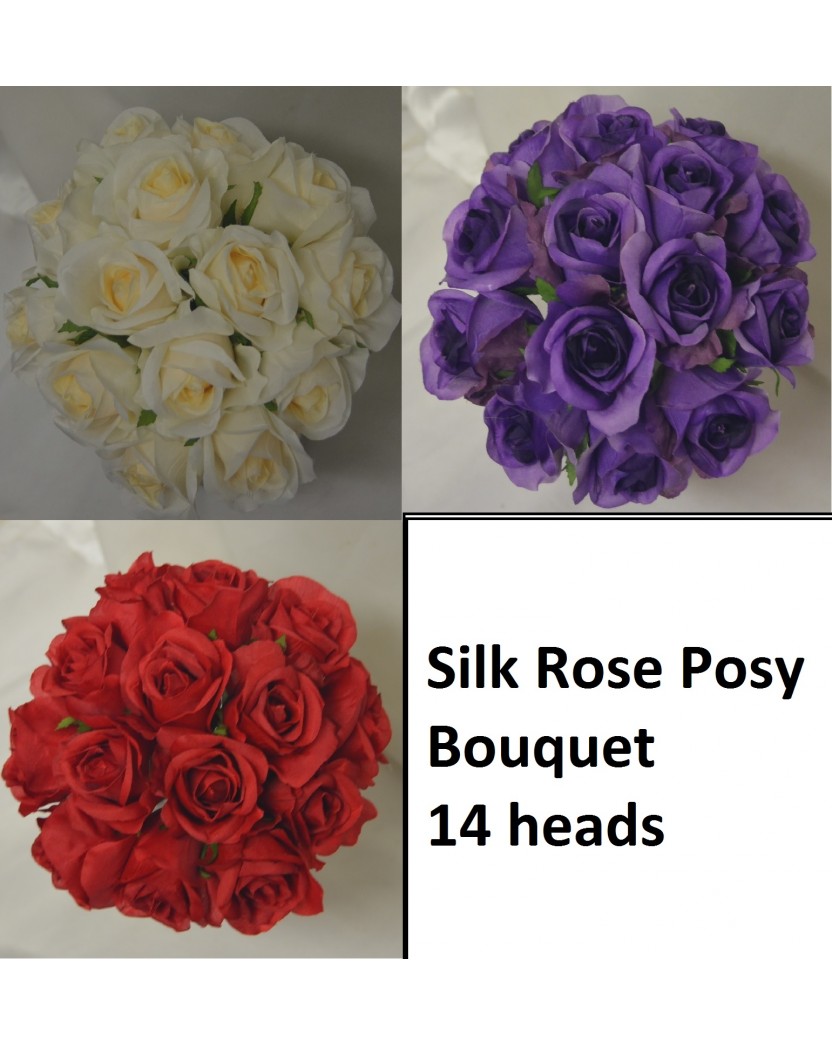 Silk Rose Posy Bouquet 14 heads Red Ivory Purple