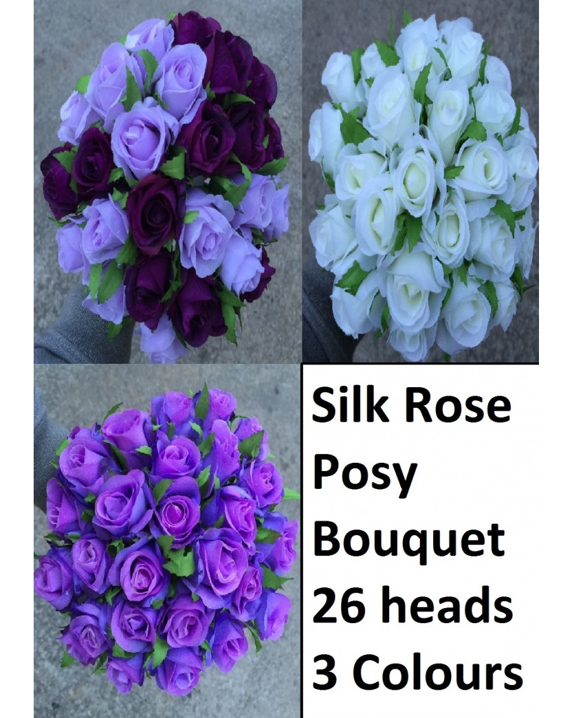 Silk Rose Roses Posy Bouquet 26 heads - White Purple Lavender