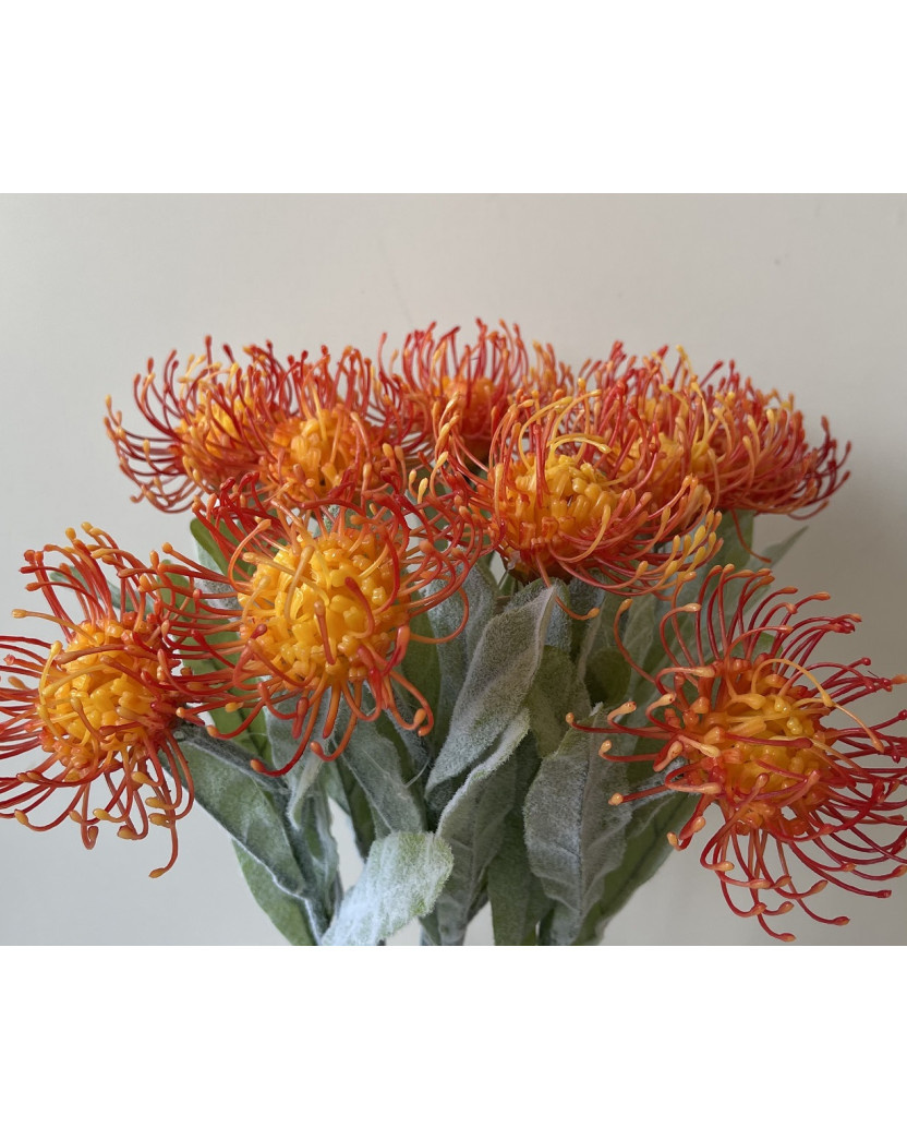 ARTIFICIAL SILK FAKE FLOWER AUSTRALIAN NATIVE ORANGE LEUCOSPERMUM FLOWERS STEM STEM 65CM HIGH