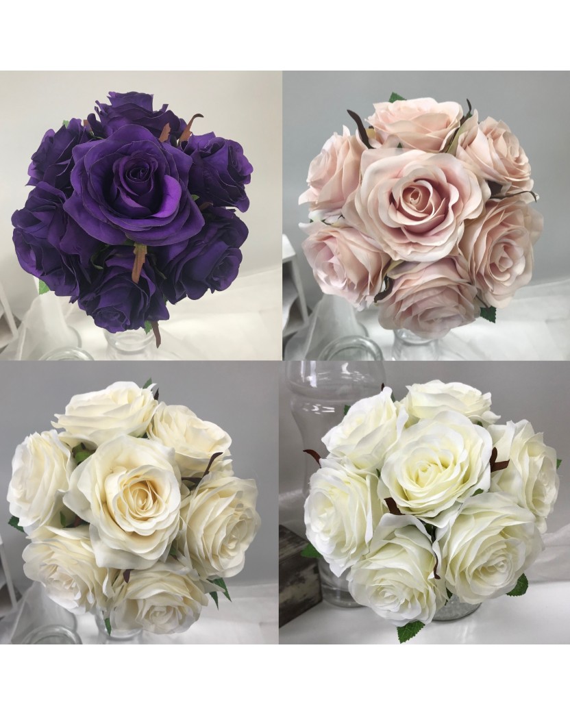 Silk Rose Bouquet Open Rose 7 Head White Ivory Pink