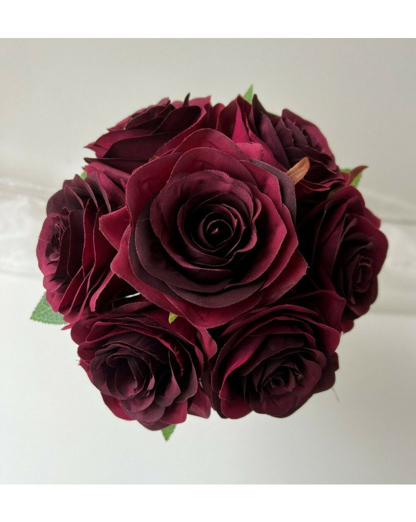 SILK WEDDING BOUQUET BURGUNDY ROSES BOUQUETS PRE MADE ROSE BUNCH