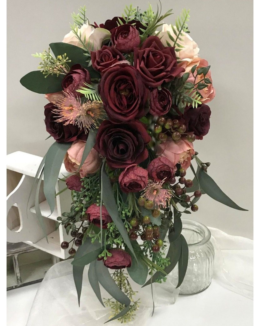 Artificial Rustic Wedding Bouquet with Burgandy Burgundy