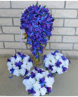 Latex Blue Singapore Orchid & Silk White Rose Wedding Bouquet Set