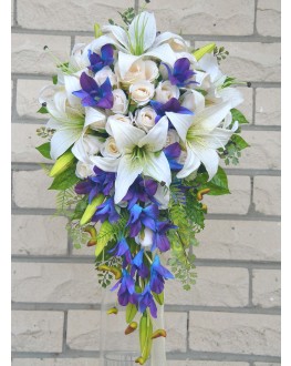 Latex Blue Singapore White Tiger Lily Silk Ivory Rose Wedding Bouquet Teardrop
