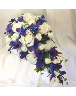 Latex Blue Singapore Orchid & Silk White Rose Wedding Bouquet Teardrop